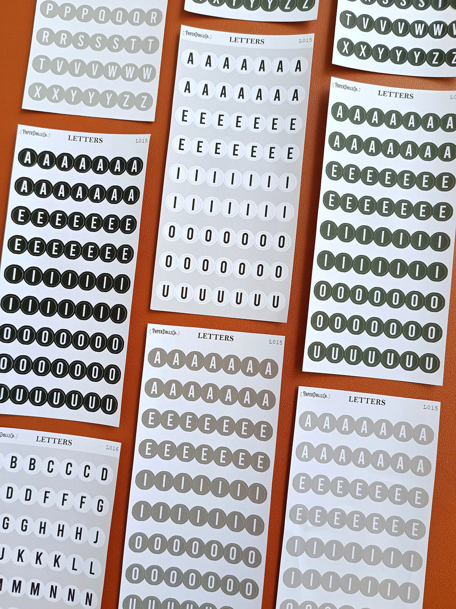 Letter Journal Sticker | Vowels | Monochromatic Colors | L015