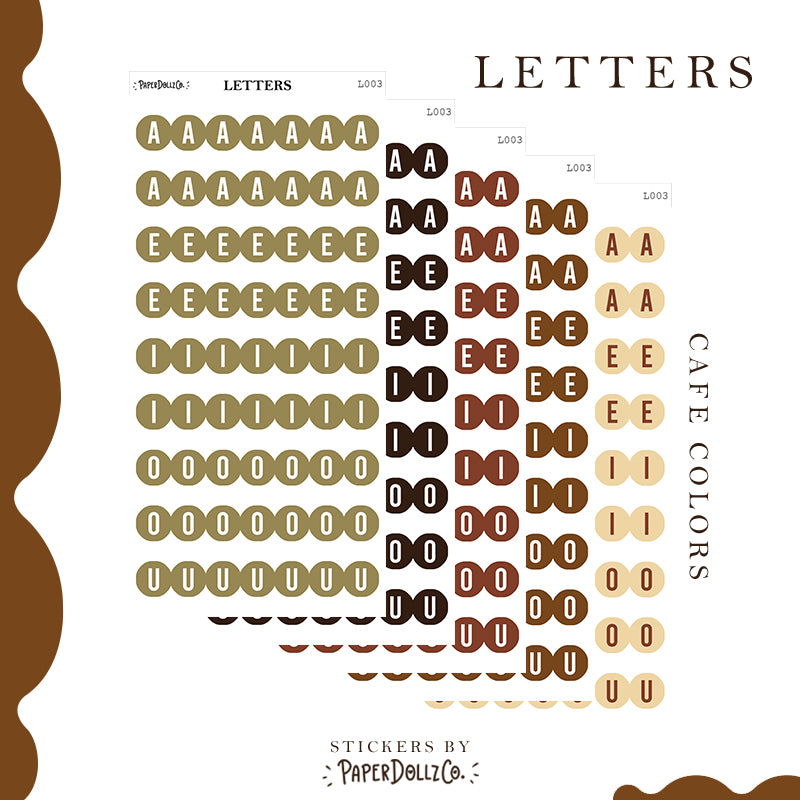 Letter Journal Sticker | Vowels | Coffee Colors | PaperDollzCo | L003