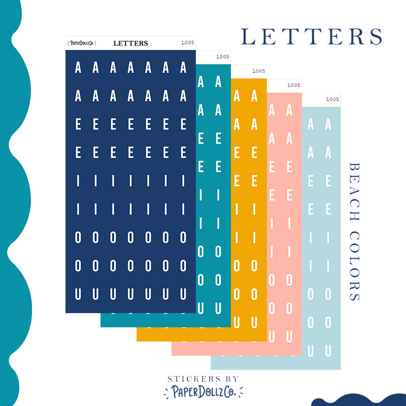 Letter Journal Sticker | Vowels | Beach Colors | PaperDollzCo | L005