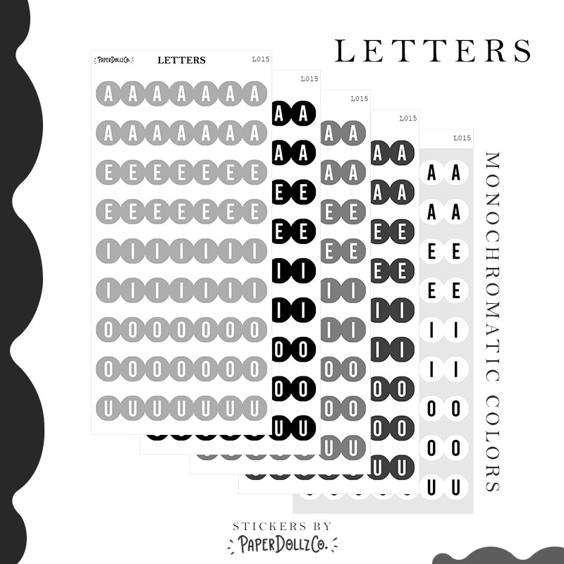 Letter Journal Sticker | Vowels | Monochromatic Colors | L015