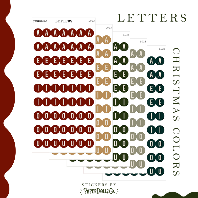 Letter Journal Sticker | Vowels | Christmas Colors | L023